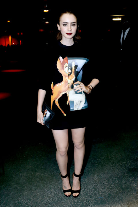 Collins was so into her Bambi-emblazoned Givenchy sweatshirt, she ditched bottoms and just went with strappy black heels.
