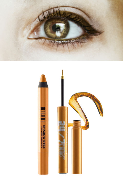 A warm metallic gold will accentuate the yellow flecks around the inner part of the iris, making them shimmer, and your eyes look even brighter.Try: Yves Saint Lauren Dessin Du Regard Waterproof ($30) or Urban Decay 24/7 Waterproof Liquid Liner ($19).