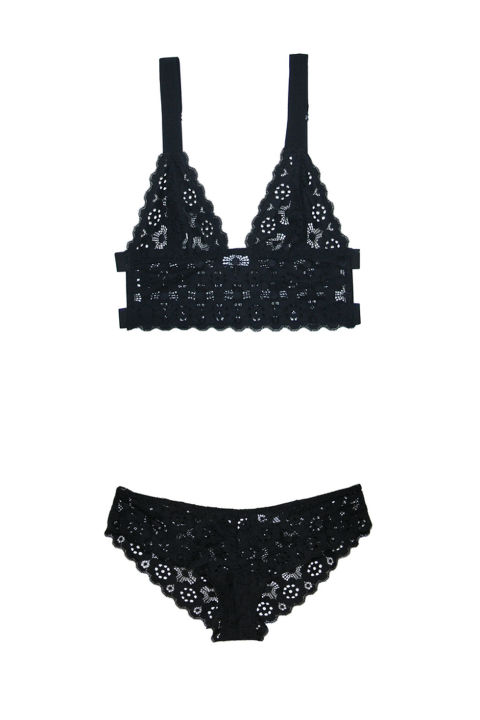 Whoever said that you don't need another pair of lace black pantie was wrong–so, so wrong.
Crochet Lace Longline Triangle Bra, $98, and Cheeky, $65; fleurdumal.com.
