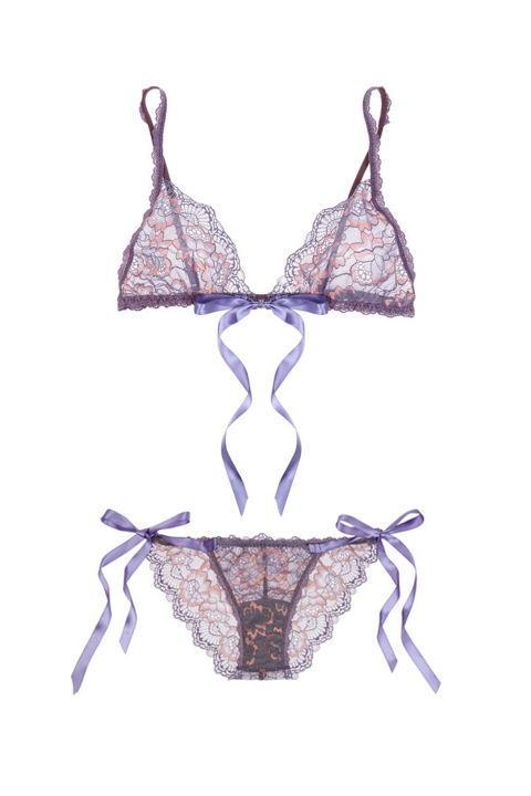 The most romantic of lace lingerie, this set also has ribbon detailing and the prettiest lavender hue.
Hanky Panky Lace Soft Cup Bra, $65, and Briefs $50; net-a-porter.com.
