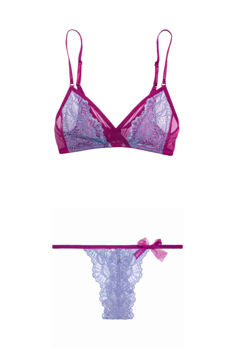 Only Hearts dubbed this set "Sweet Nothings" and it's easy too see why–it's justttt enough lace to quality as lingerie, and nothing more.
Whisper Sweet Nothings Triangle Bralette, $66, and G-String, $42; onlyhearts.com.
