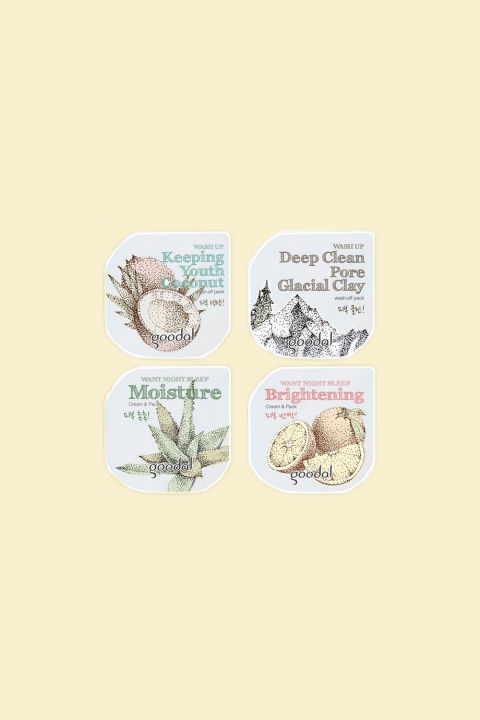 This 4-in-1 pack features a glacial clay mask for deep pore cleansing, coconut wash-off mask for a boost of hydration, moisturizing mask for a plumper appearance, and a brightening sleep pack for improving fine lines and texture.Goodal Fun Fun Travel Kit, $20; glowrecipe.com.