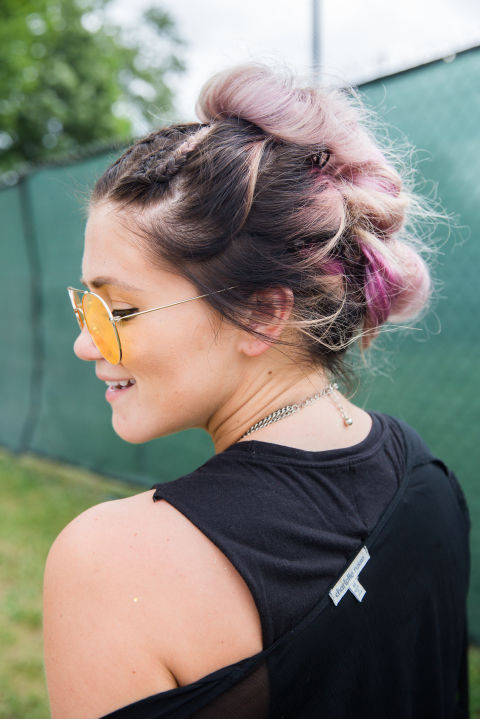 Spotted at the braid tent (yes, there was one): Kelsey's&nbsp;bun mohawk, styled from a pink dye job that magically faded to purple.&nbsp;
