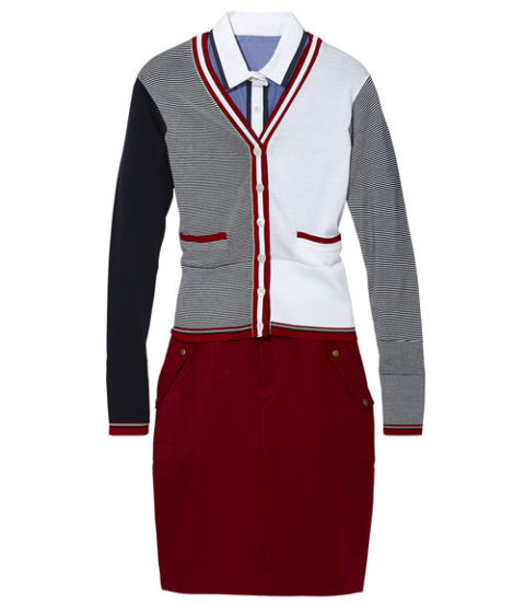 Sweater, $450, Black Fleece by Brooks Brothers; brooksbrothers.com. Shirt, $29, Joe Fresh; (212) 764-1730. Skirt, $20, Worthington at JCPenney; jcp.com.
